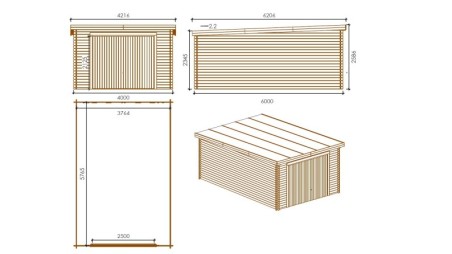 Garaje de madera 24 m2 - 4x6 m - 28 mm - Color: marrón Impregnado