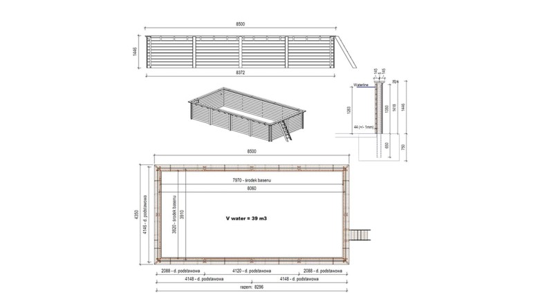 Piscina de madera Aqua 8.5x4.35 - H.1.45 m con marco de acero