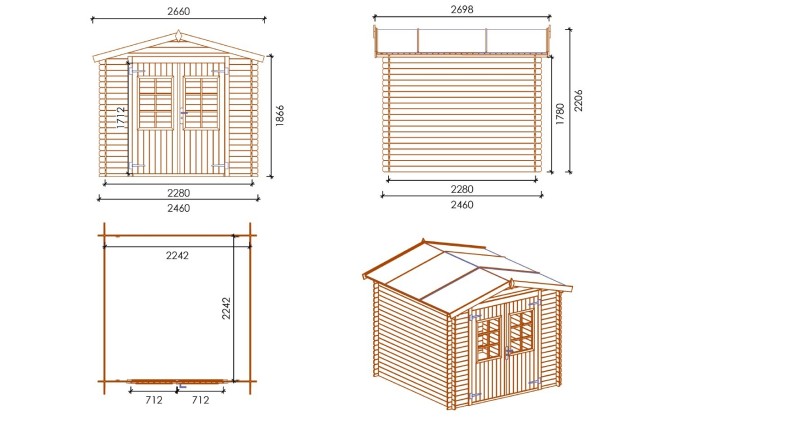 Caseta de jardin de madera 6.05 m2 - 2.46x2.46 m - 19 mm  