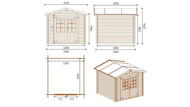 Caseta de jardín de madera 6 m2 - 2.46x2.46 m - 19 mm - impregnada