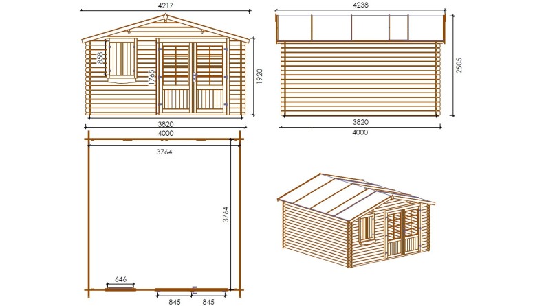 Caseta de jardín de madera-4x4 m - 24 m2 con terraza