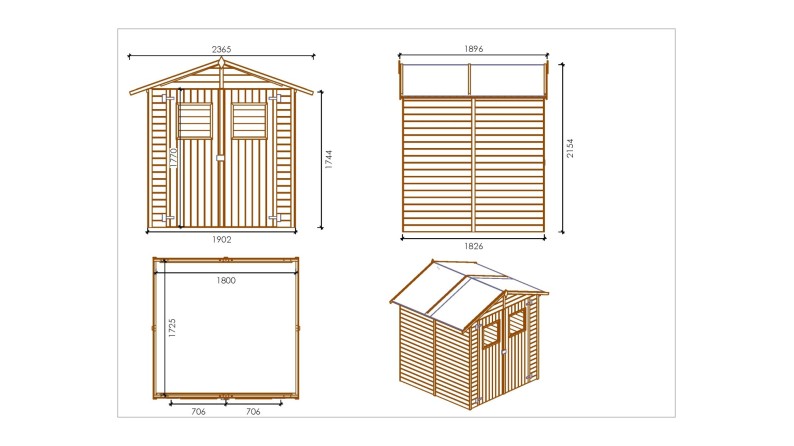 Caseta de jardín de madera 3.46 m2 - 1.9x1.82 m - 12.5 mm - Impregnada