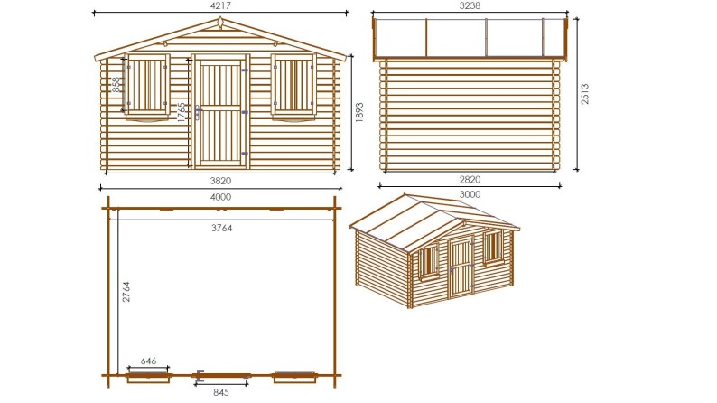 Caseta de jardín de madera-4x3 m - 24 m2 con terraza- Impregnada