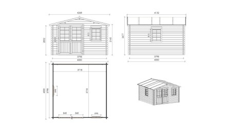 Caseta de jardín de madera-4x4 m - 24 m2 con terraza