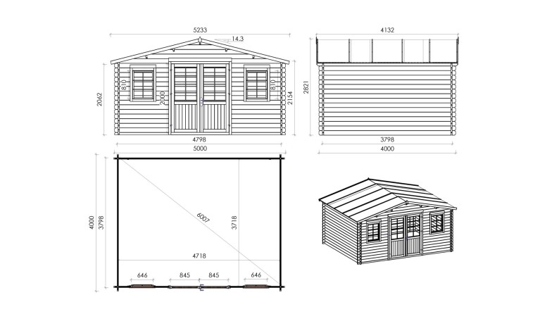 Caseta de jardín de madera-5x4 m - 30 m2 con terraza