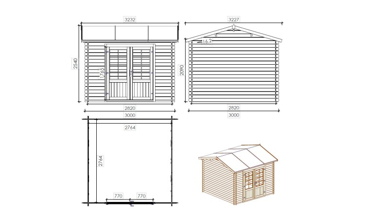Caseta de jardín de madera 9 m2 - 3x3 m - 28 mm - impregnada