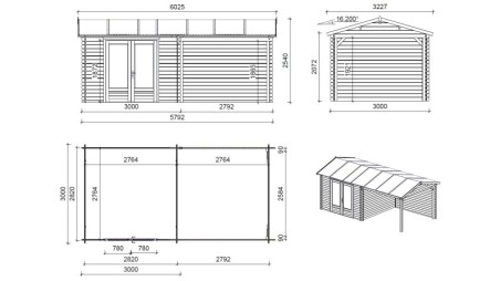 Caseta de jardín de madera 17.4 m2 - 5.79x3 m - 28 mm