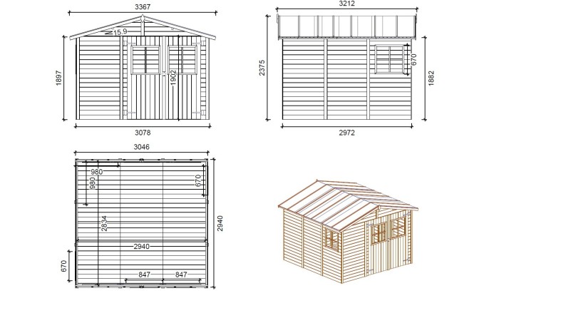 Caseta de jardín de madera 9 m2 - 3.05x2.94 m - 18 mm