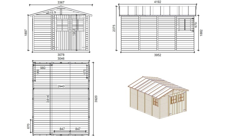 Caseta de jardín de madera 11.95 m2 - 3.05x3.92 m - 18 mm