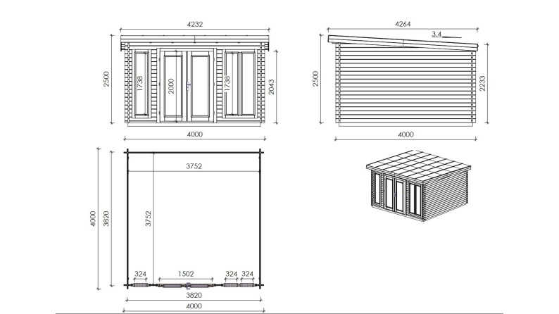 Caseta de jardín de madera 16 m2 - 4x4 m - 34 mm