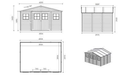 Caseta de jardín de madera 11.88 m2 - 4x2.97 m - 16 mm