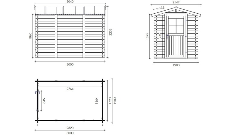 Caseta de jardin de madera 5.7 m2 - 1.9x3 m - 28 mm  
