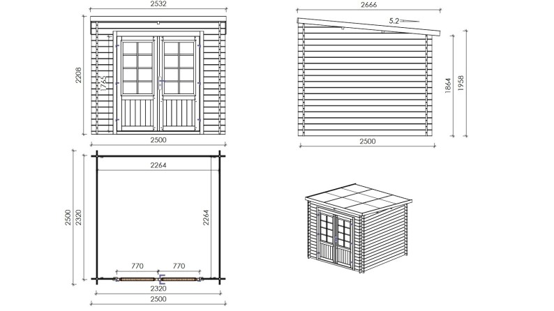 Caseta de jardín de madera 6.25 m2 - 2.5x2.5 m - 28 mm - impregnada