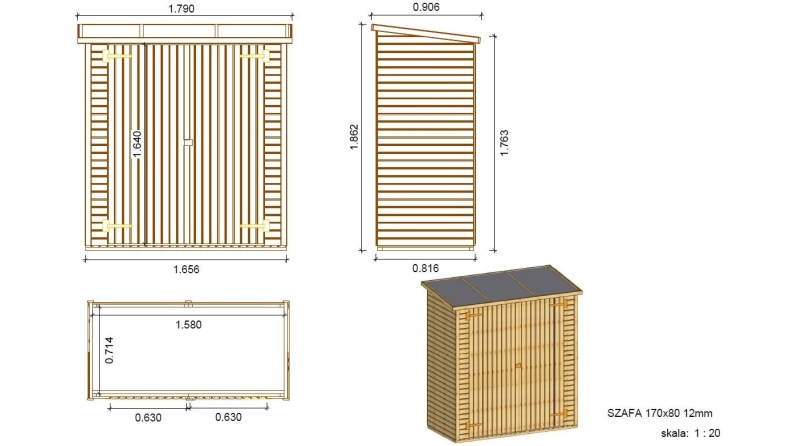 Armario de jardín para herramientas 1.66x0.82 m H.1.86 - con suelo y pared trasera