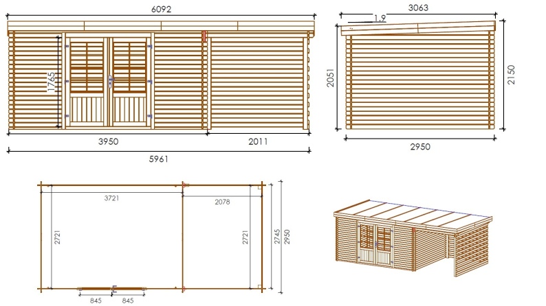 Caseta de jardín de madera 18 m2 - 5.96x2.95 m - 24 mm - impregnada