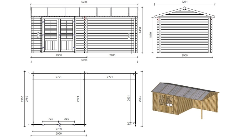 Caseta de jardín de madera 18.52 m2 - 5.7x2.95 m - 24 mm