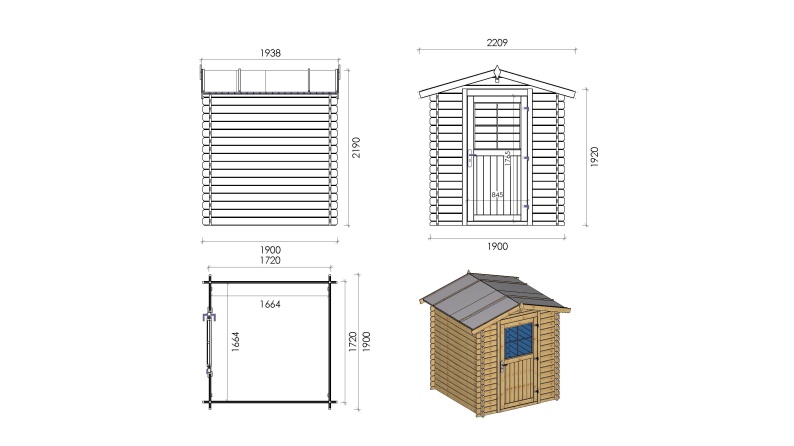 Caseta de jardin de madera 3.61 m2 - 1.9x1.9 m - 28 mm  