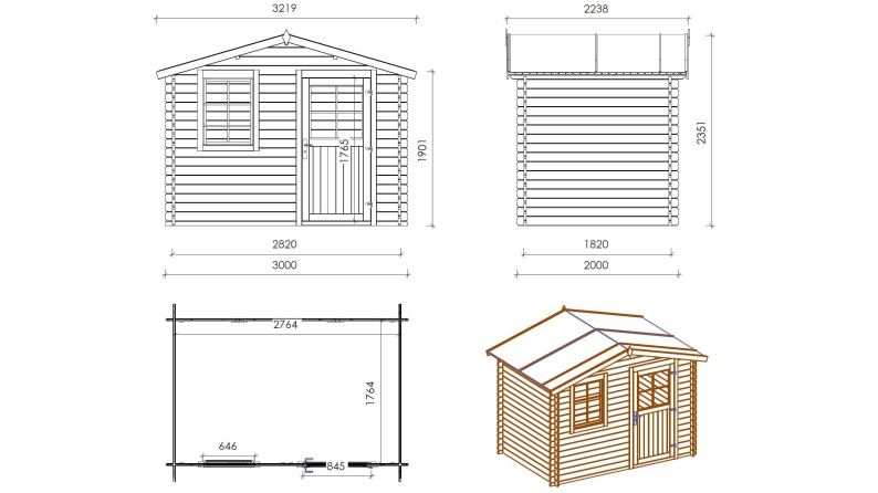 Caseta de jardin de madera 6 m2 - 3x2 m - 28 mm  