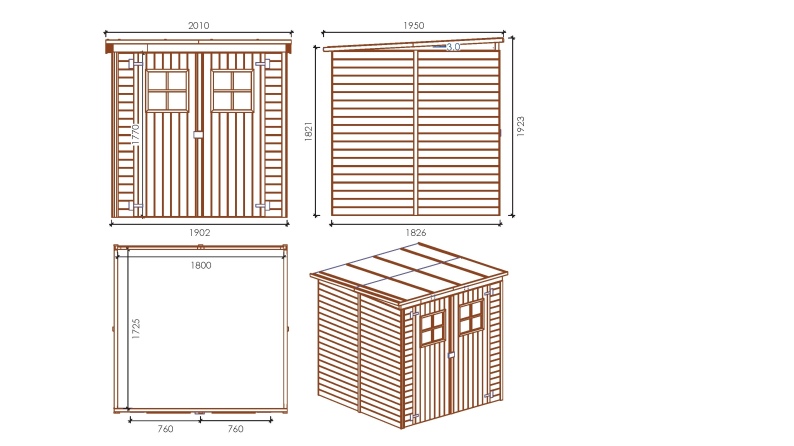 Caseta de jardín de madera 3.42 m2 - 1.9x1.8 m - 12.5 mm - Impregnada