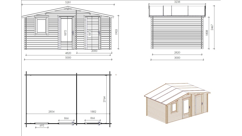 Caseta de jardín de madera-5x3 m - 25 m2 con terraza