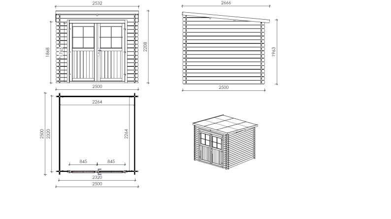 Caseta de jardín de madera 6.25 m2 - 2.5x2.5 m - 28 mm - impregnada