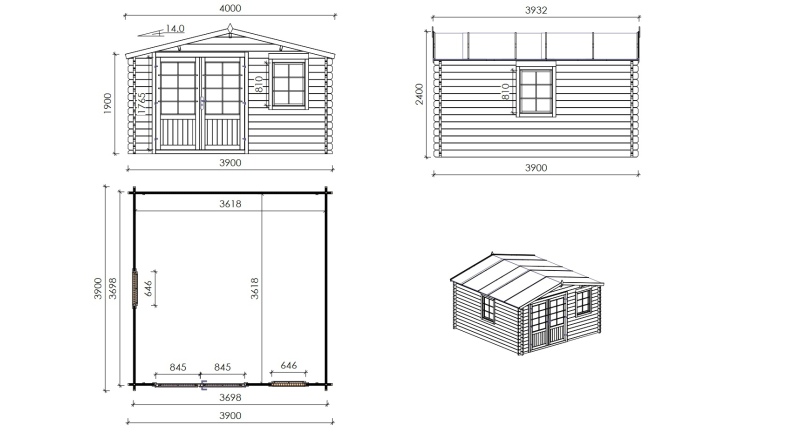 Caseta de jardín de madera 15.21 m2 - 3.9x3.9 m - 40 mm