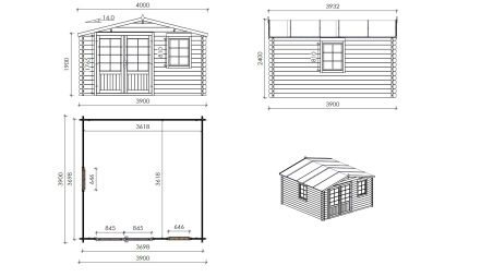 Caseta de jardín de madera 15.21 m2 - 3.9x3.9 m - 40 mm