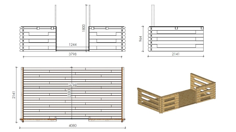 Caseta de jardín de madera-4x4 m - 24 m2 con terraza