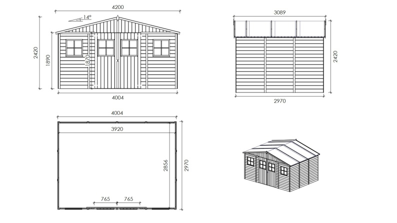 Caseta de jardín de madera 11.88 m2 - 4x2.97 m - 16 mm