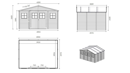 Caseta de jardín de madera 11.88 m2 - 4x2.97 m - 16 mm