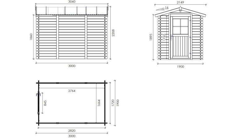 Caseta de jardin de madera 5.7 m2 - 1.9x3 m - 28 mm  
