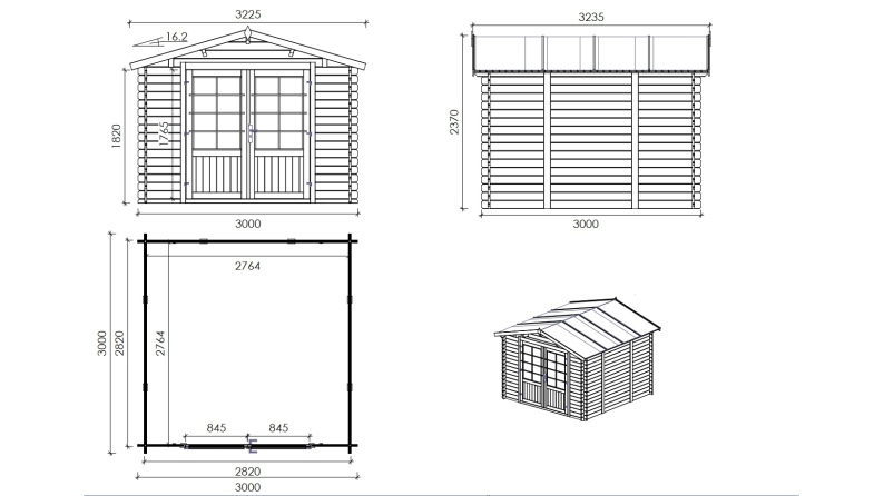 Caseta de jardín de madera 9 m2 - 3x3 m - 28 mm