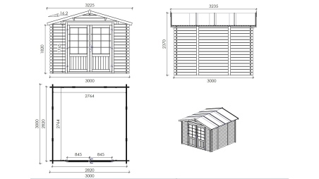 Caseta de jardín de madera 9 m2 - 3x3 m - 28 mm