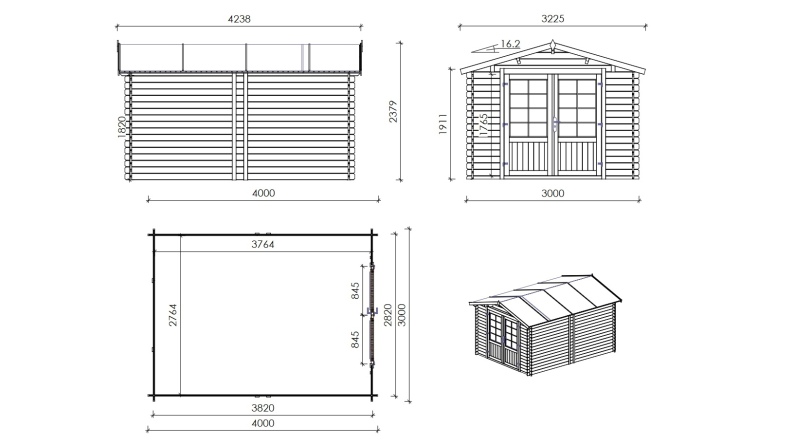 Caseta de jardín de madera-3x4 m - 21 m2 con terraza