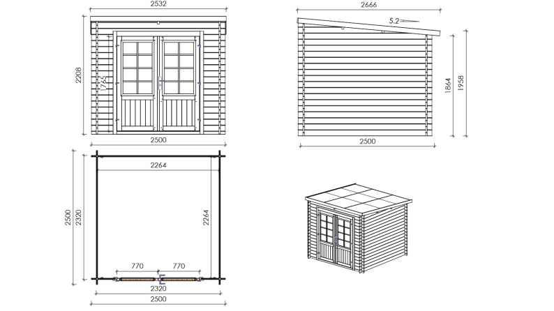 Caseta de jardín de madera 6.25 m2 - 2.5x2.5 m - 28 mm - impregnada
