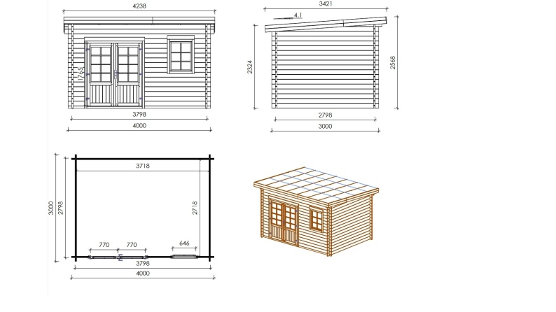 Caseta de jardín de madera 12 m2 - 4x3 m - 40 mm - impregnada