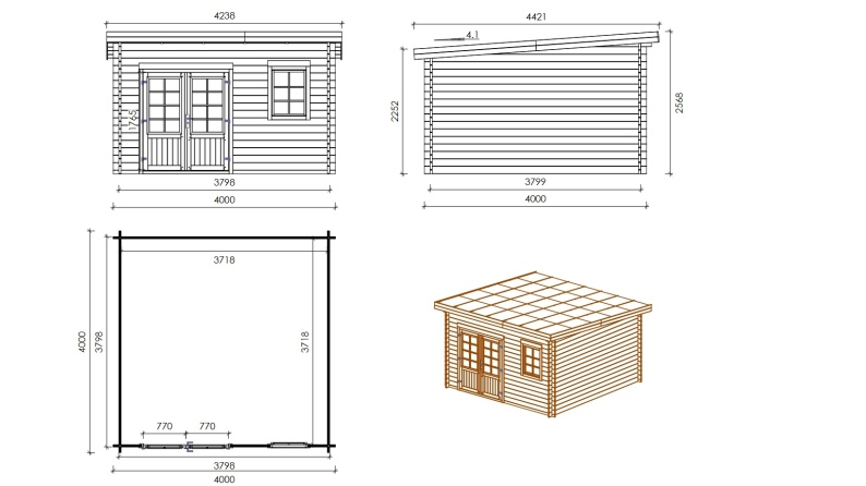 Caseta de jardín de madera 16 m2 - 4x4 m - 40 mm - impregnada
