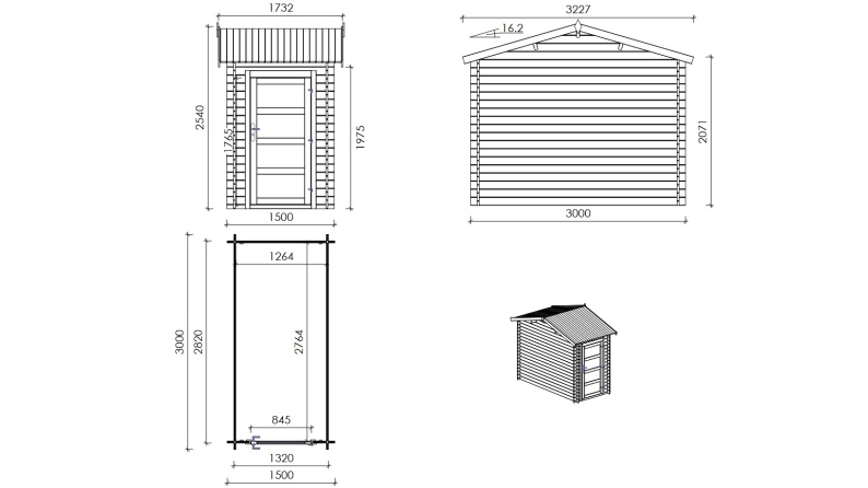 Caseta de jardín de madera – 1.5x3 m con extensión 1.5x2.76 m - 15.56 m² – impregnada