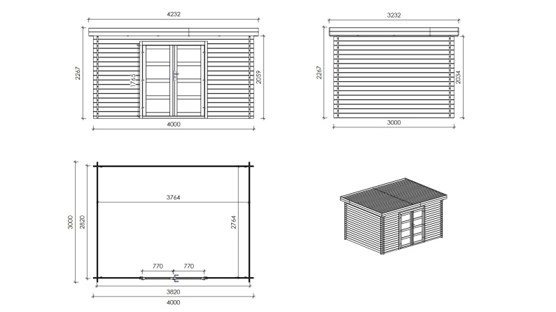 Caseta de jardín de madera – 4x3 m con extensión 4x2.76m - 12 m² – impregnada