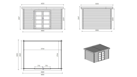 Caseta de jardín de madera – 4x3 m con extensión  x m - 12 m² – impregnada