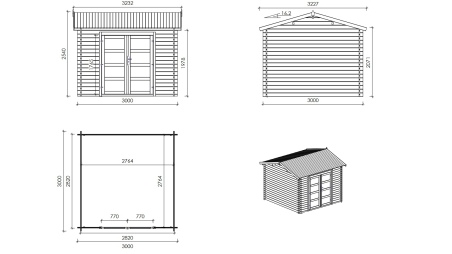 Caseta de jardín de madera – 3x3 m con extensión 3x2.76 m - 20 m² – impregnada
