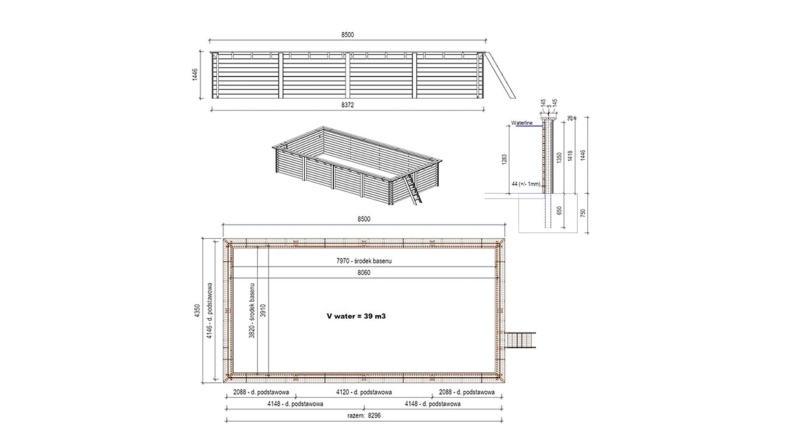 Piscina de madera AQUA 8.5x4.35 - H.1.45 m con marco de acero