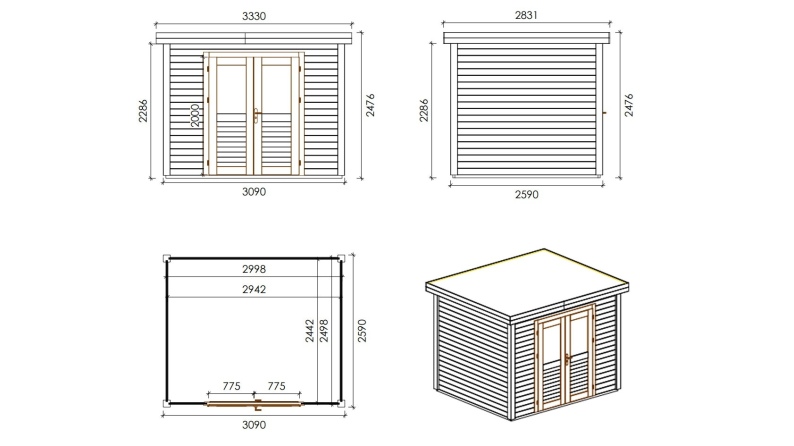 Caseta de jardín de madera  3.09x2.59 m - 8 m2 - 28 mm – impregnada