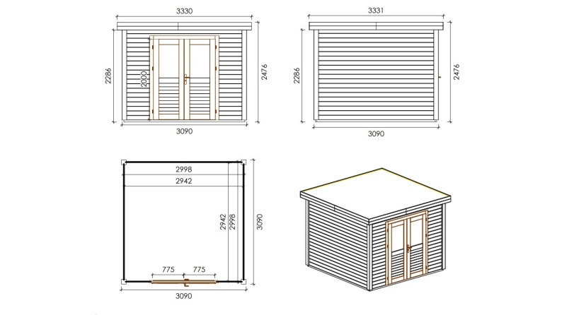 Caseta de jardín de madera Aura 3.09x3.09 m - 9.55 m2 - 28 mm – impregnada