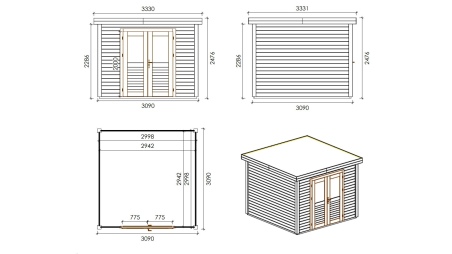Caseta de jardín de madera  3.09x3.09 m - 9.55 m2 - 28 mm – impregnada