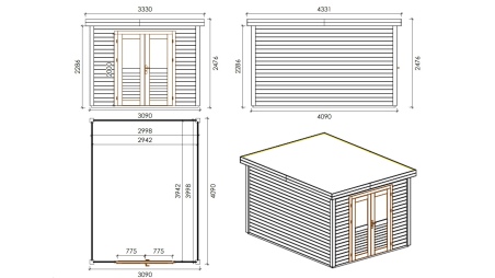 Caseta de jardín de madera Aura 3.09x4.09 m - 12.64 m2 - 28 mm – impregnada