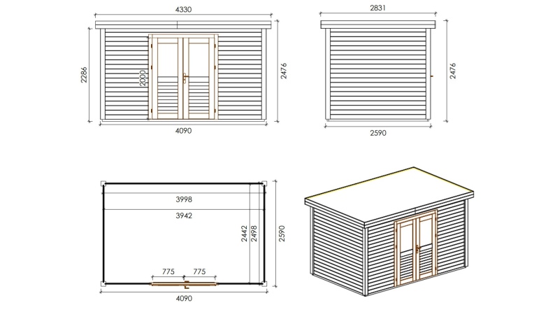Caseta de jardín de madera  4.09x2.59 m - 10.59 m2 - 28 mm – impregnada