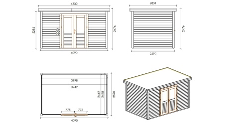 Caseta de jardín de madera Freya 4.09x2.59 m - 10.59 m2 - 28 mm – impregnada