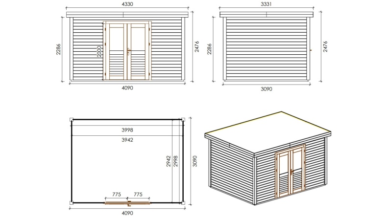 Caseta de jardín de madera Freya 4.09x3.09 m - 12.64 m2 - 28 mm – impregnada