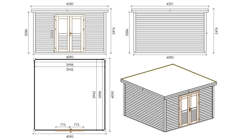 Caseta de jardín de madera  4.09x4.09 m - 16.73 m2 - 28 mm – impregnada
